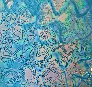 90 Sand Carved Pattern #202 Starfish, Corkscrew Dichroic on Turquoise OP Glass
