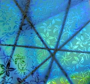 90 Sand Carved Pattern #207 Pointed Plumeria, Pixie Stix RB2 Dichroic on Green Glass