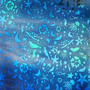 90 Sand Carved Pattern #209 Sea Creatures, Aurora Borealis Cyan Copper CBS Dichroic on Blue and White Swirl Glass