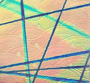 90 Sand Carved Pattern #218 Silk Wave, Pixie Stix Salmon Dichroic on Blue Tint Glass
