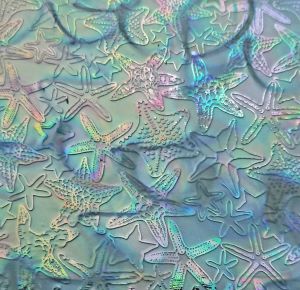 90 Sand Carved Pattern #202 Starfish, Corkscrew Dichroic on Blue Tint Glass