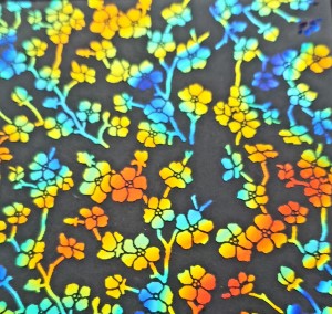 96 Pre Made Etched Pattern #127 Cherry Blossom, Twizzle Cyan Dark Dark Red Dichroic on Thin Black Glass