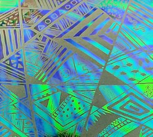 96 Pre Made Etched Pattern #169 Geometric Patchwork, Voltage Cyan Copper Dichroic on Vintage System 96 Thin Clear Glass