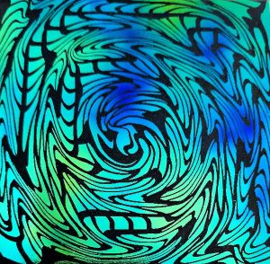 96 Pre Made Etched Pattern #116 Vortex 2, Aurora Borealis Cyan Copper CBS Dichroic on Spectrum Thin Clear Glass