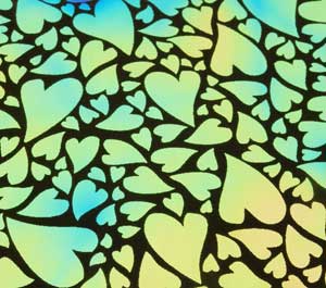 96 Pre Made Etched Pattern #153 Mixed Hearts, Aurora Borealis Cyan Copper Dichroic on Thin Black Glass