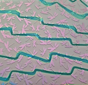 96 Sand Carved Pattern #089 Dragonflies, Voltage G-Pink Dichroic on Lt Aqua OP Glass
