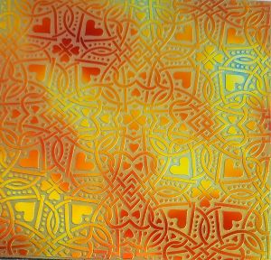 96 Sand Carved Pattern #122 Celtic Hearts, Aurora Borealis Candy CBS Dichroic on Teal Glass