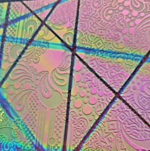 96 Sand Carved Pattern #165 Album Art, Pixie Stix G-Pink Dichroic on Red Swirl Glass