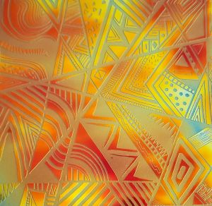 96 Sand Carved Pattern #169 Geometric Patchwork, Aurora Borealis Candy CBS Dichroic on Teal Glass