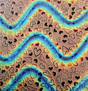 96 Sand Carved Pattern #204 Hearts and Paws, Twizzle Candy Dichroic on Clear Glass