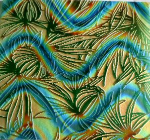90 Sand Carved Pattern #183 Banana Flower, Twizzle Candy Dichroic on Lt. Green Glass